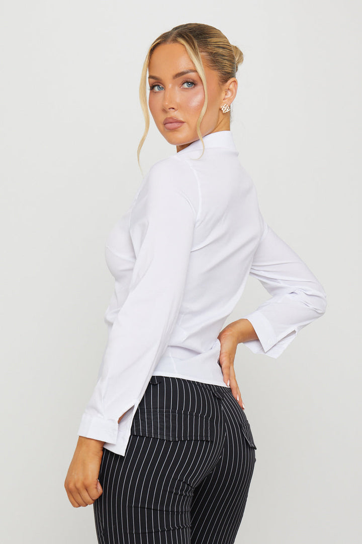 Valantomode | Chic White Long Sleeve Button-Up with Cinched Waist