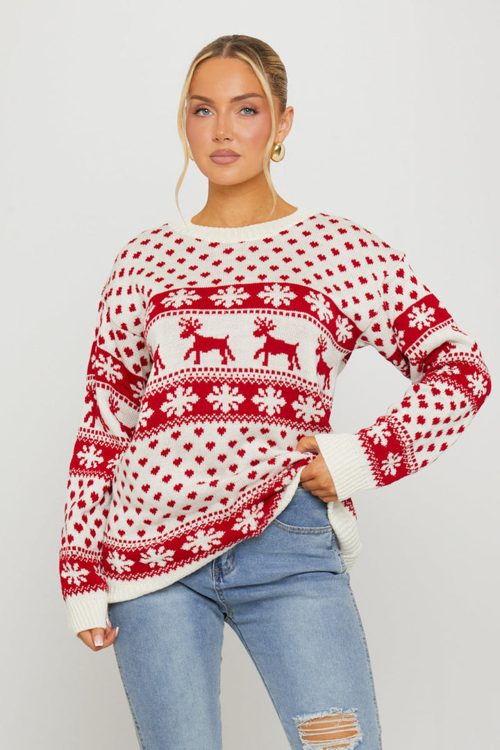 Valantomode | Cozy Cream Snowflake Reindeer Christmas Sweater