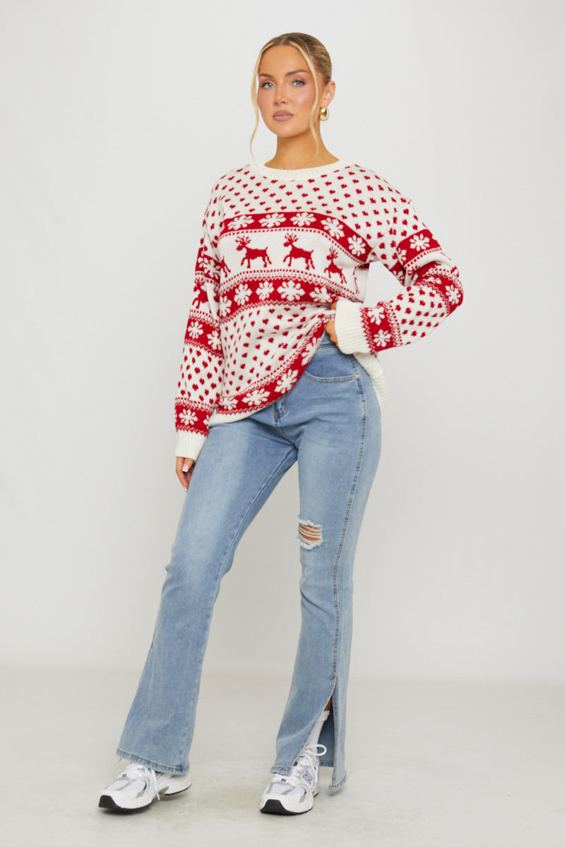 Valantomode | Cozy Cream Snowflake Reindeer Christmas Sweater