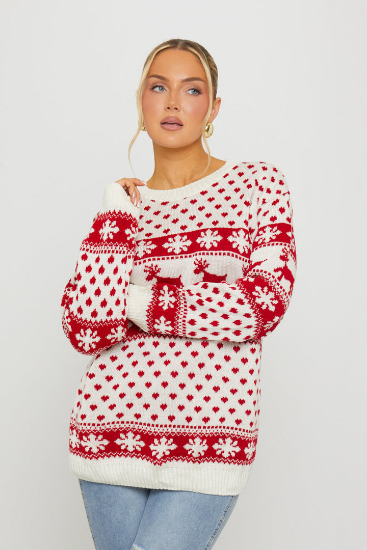 Valantomode | Cozy Cream Snowflake Reindeer Christmas Sweater