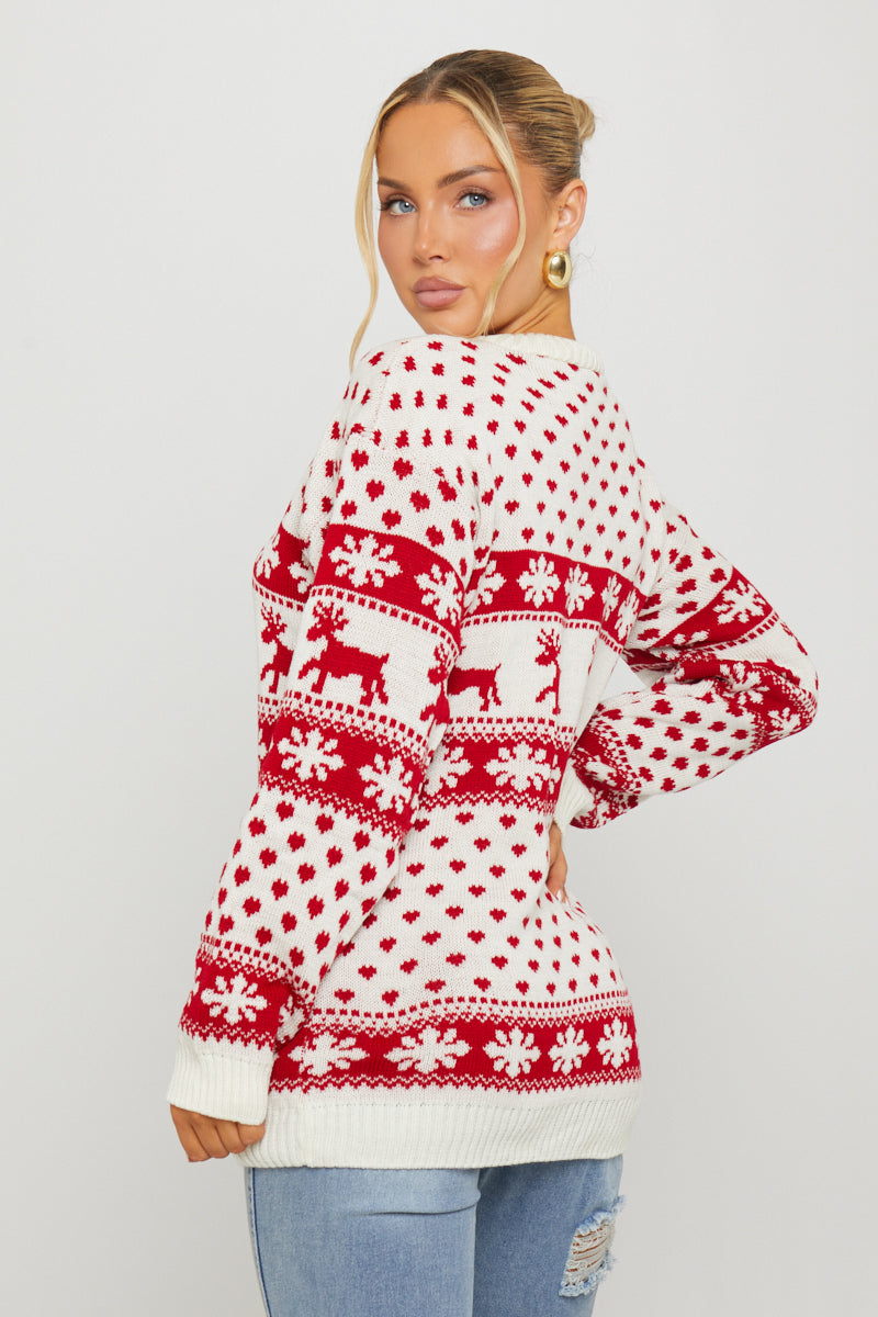 Valantomode | Cozy Cream Snowflake Reindeer Christmas Sweater