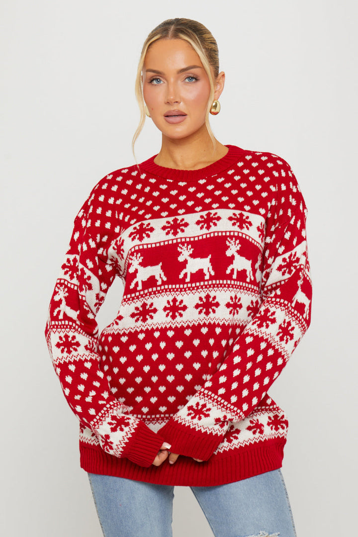 Valantomode | Festive Red Snowflake Reindeer Christmas Sweater