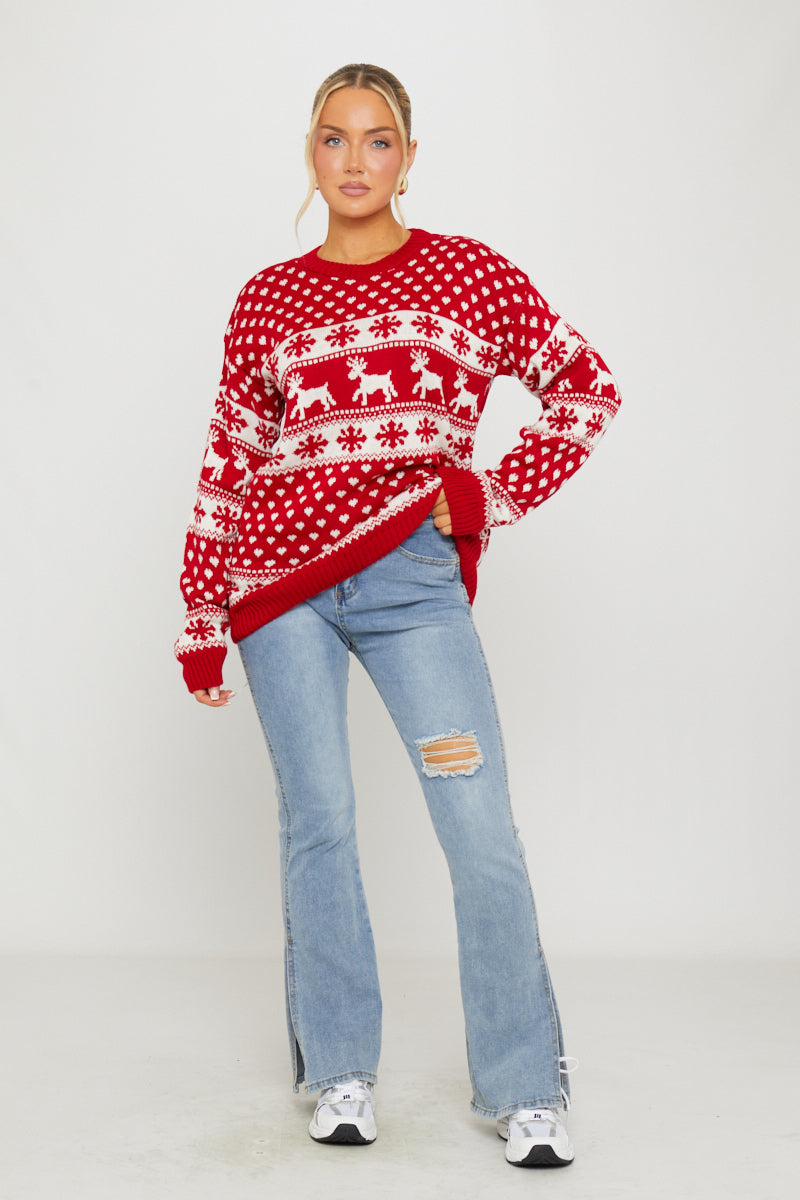 Valantomode | Festive Red Snowflake Reindeer Christmas Sweater