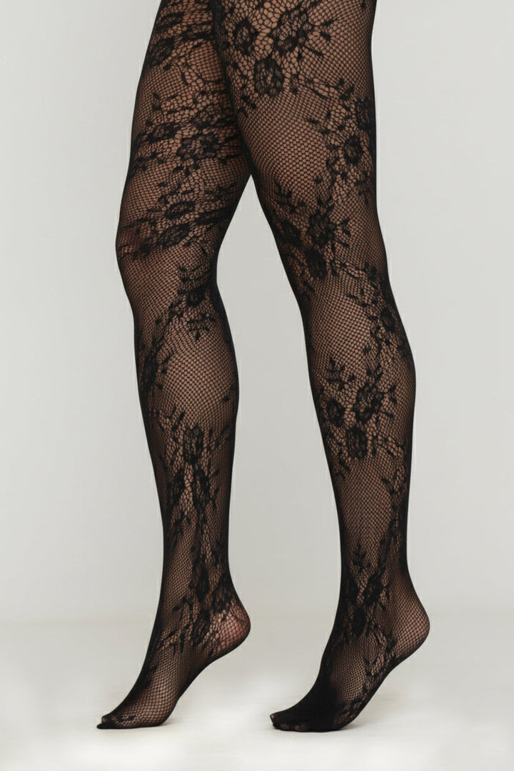 Valantomode | Elegant Black Floral Fishnet Tights for Chic Style