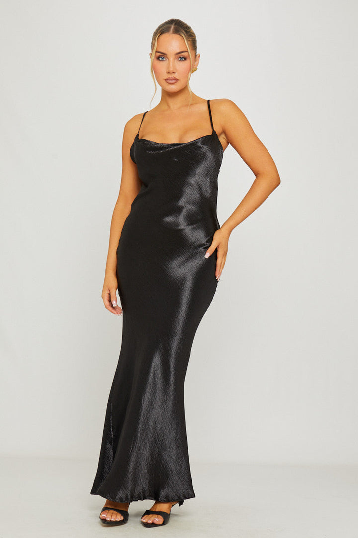 Valantomode | Elegant Black Satin Cowl Neck Maxi Slip Dress