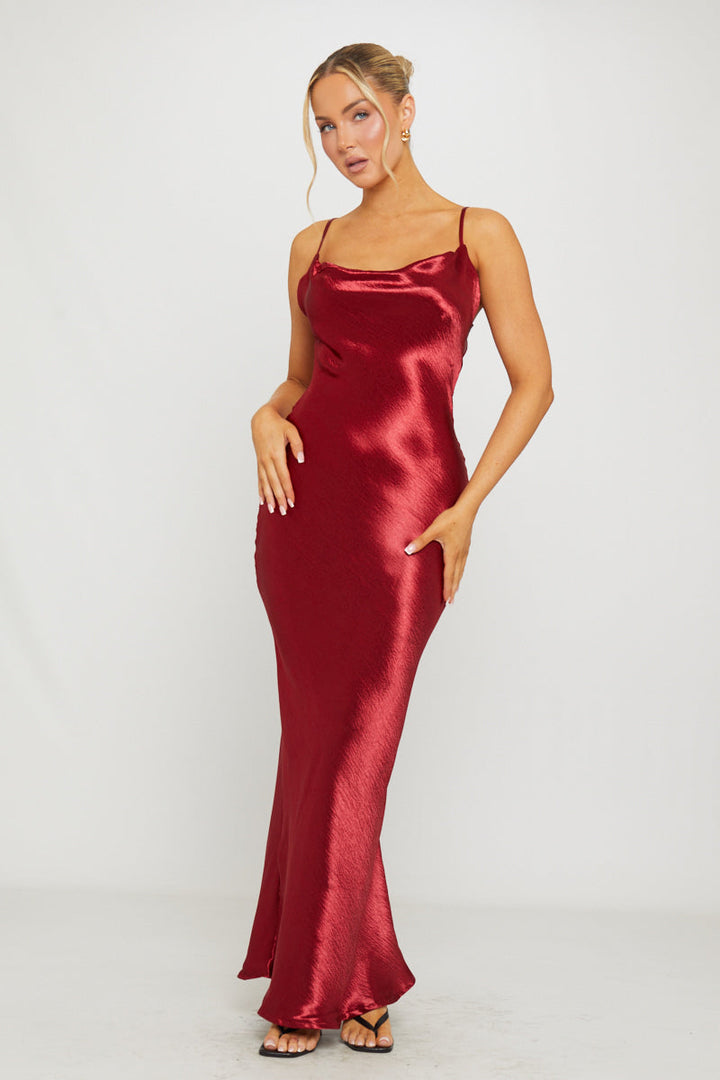 Valantomode | Elegant Wine Satin Cowl Neck Maxi Slip Dress