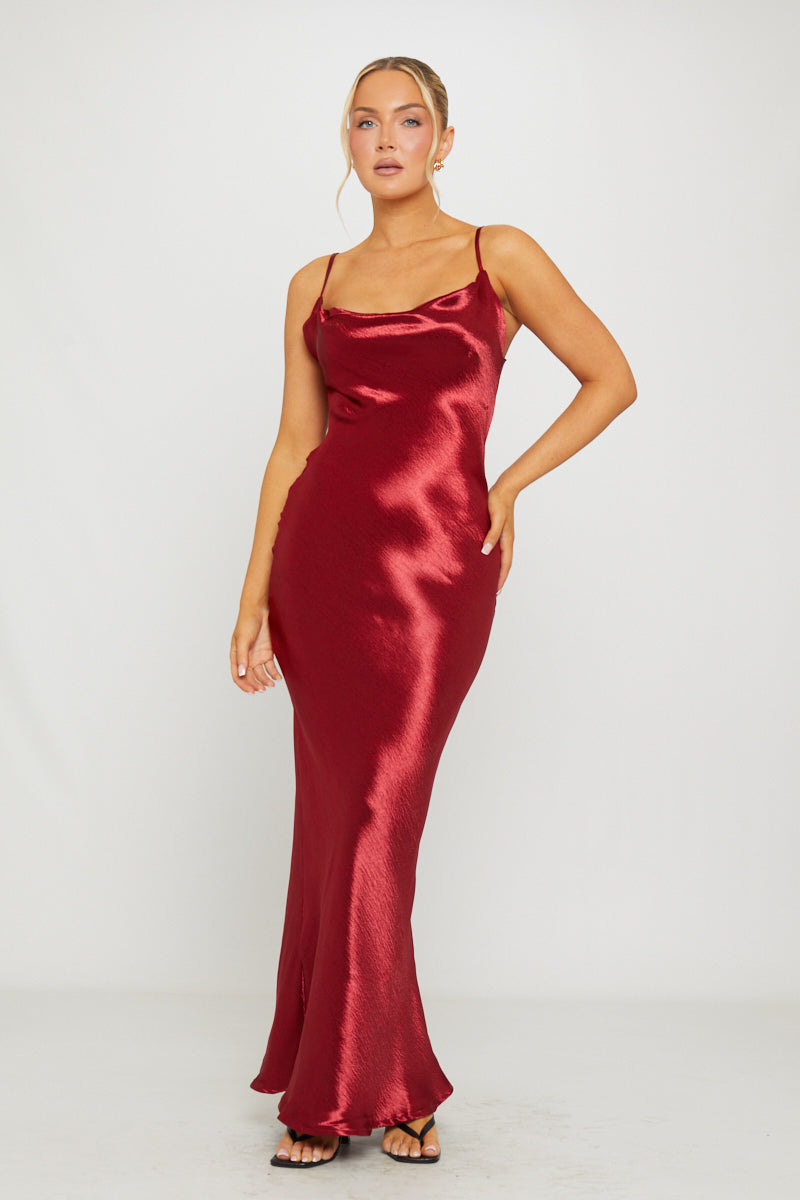 Valantomode | Elegant Wine Satin Cowl Neck Maxi Slip Dress