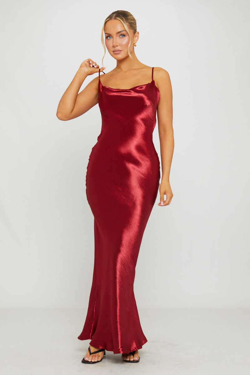 Valantomode | Elegant Wine Satin Cowl Neck Maxi Slip Dress