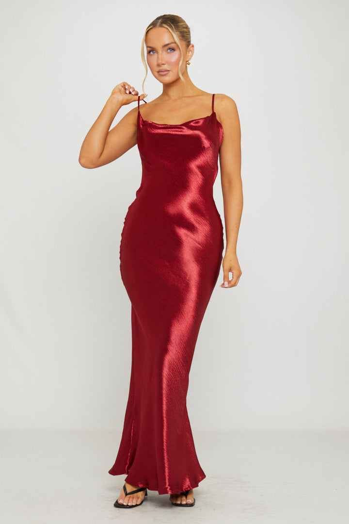 Valantomode | Elegant Wine Satin Cowl Neck Maxi Slip Dress