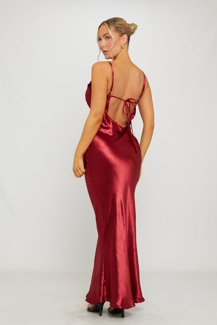 Valantomode | Elegant Wine Satin Cowl Neck Maxi Slip Dress