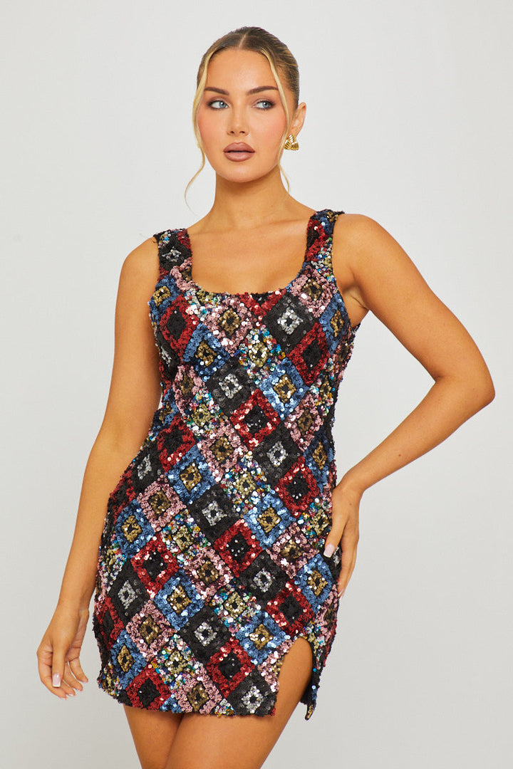 Valantomode | Glam Black Sequin Mini Dress with Diamond Accents
