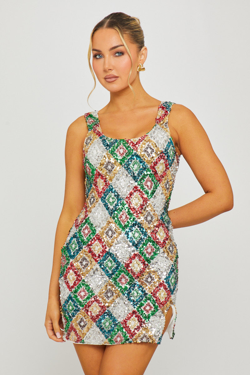 Valantomode | Sparkling Sequin Mini Dress with Diamond Accents