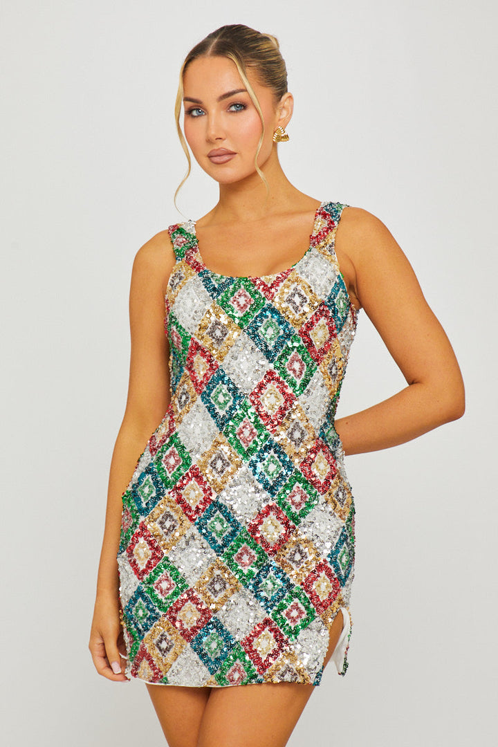 Valantomode | Sparkling Sequin Mini Dress with Diamond Accents