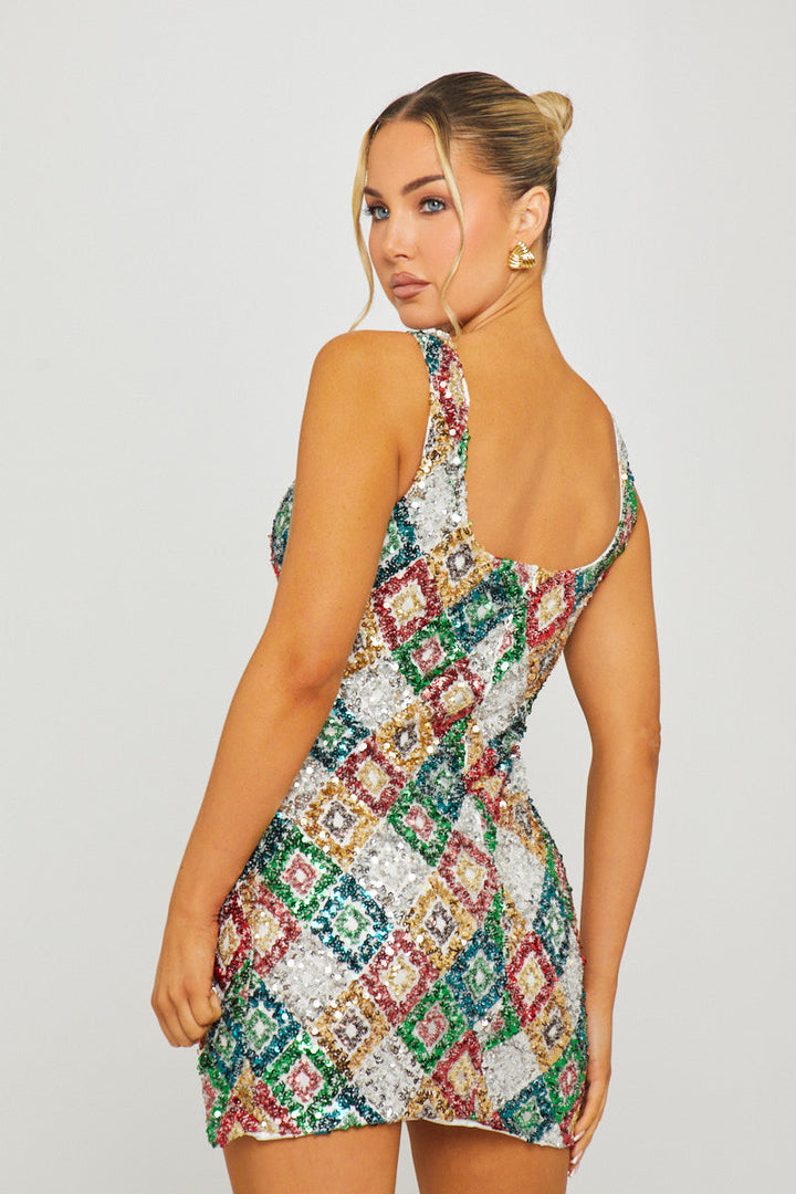 Valantomode | Sparkling Sequin Mini Dress with Diamond Accents
