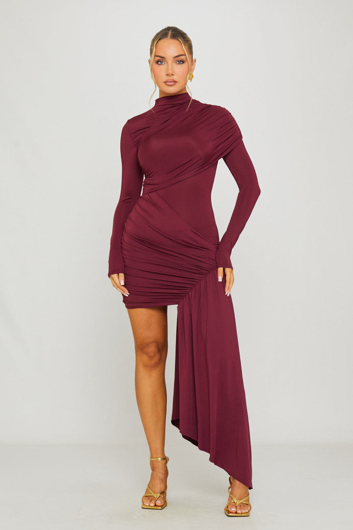 Valantomode | Elegant Wine Draped Mini Dress with High Neck & Long Sleeves