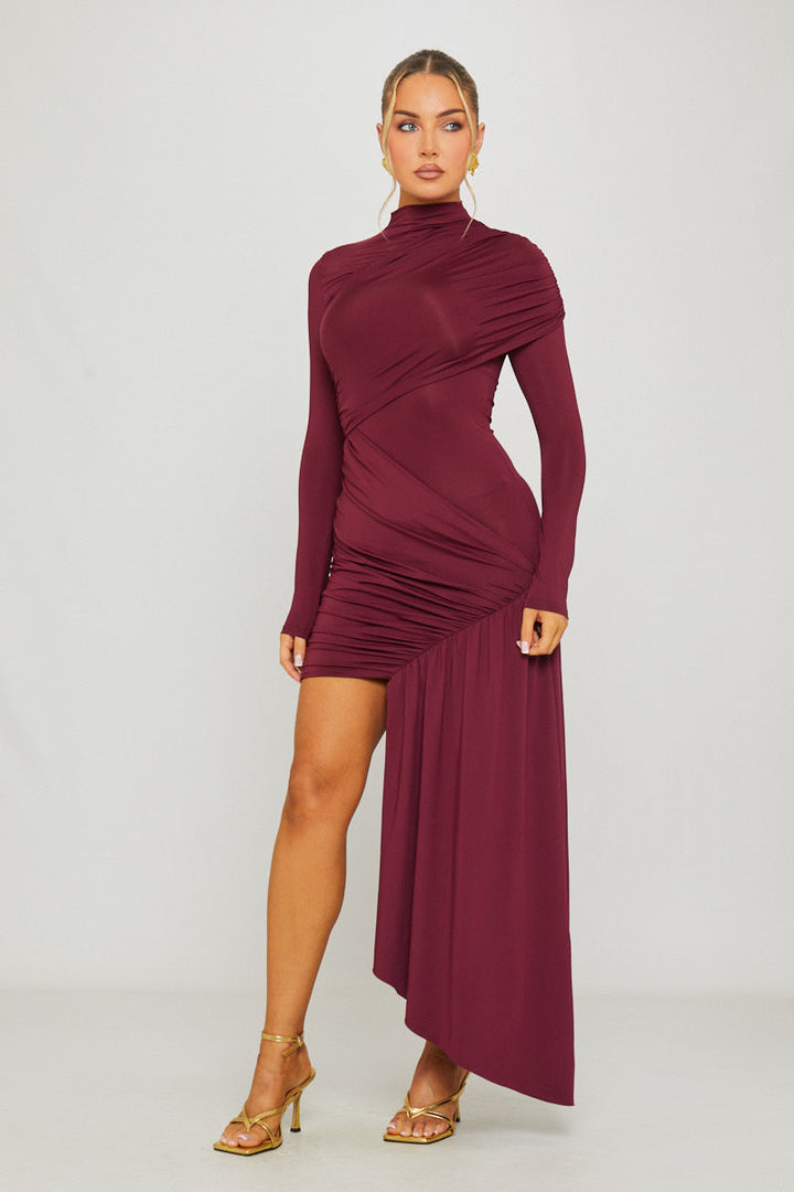 Valantomode | Elegant Wine Draped Mini Dress with High Neck & Long Sleeves