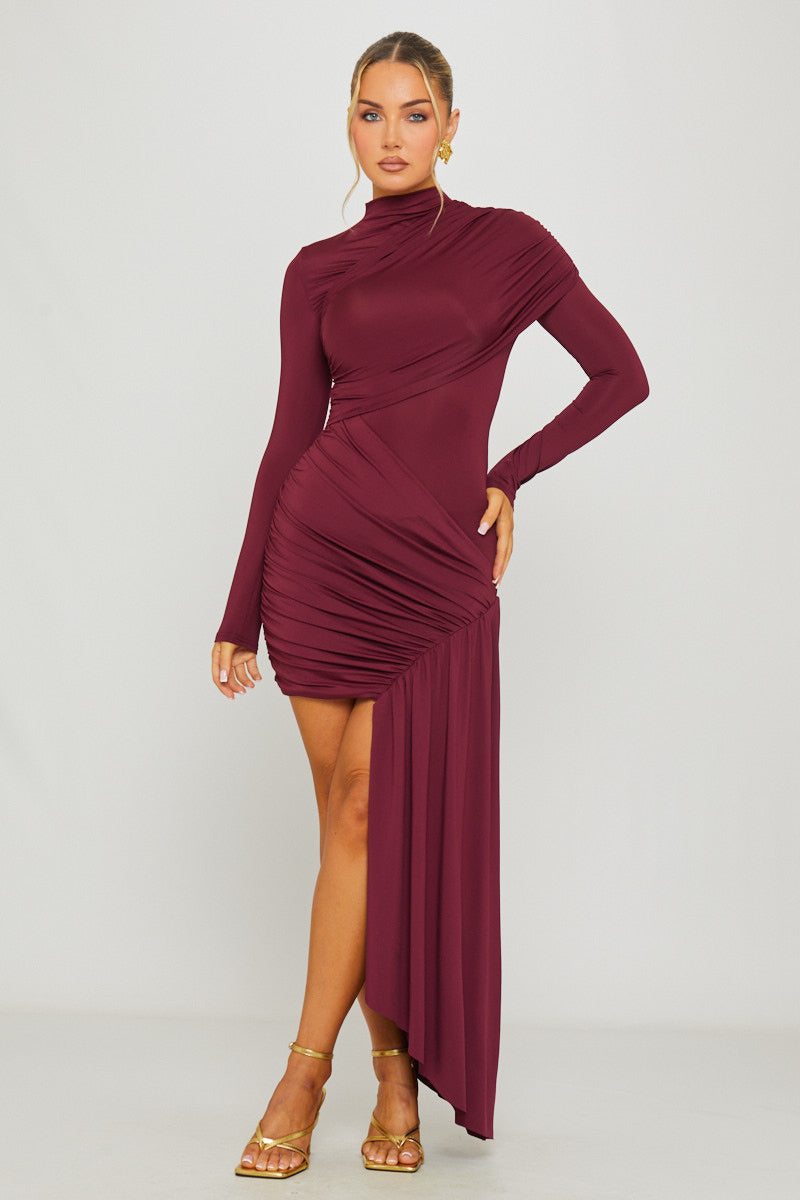 Valantomode | Elegant Wine Draped Mini Dress with High Neck & Long Sleeves