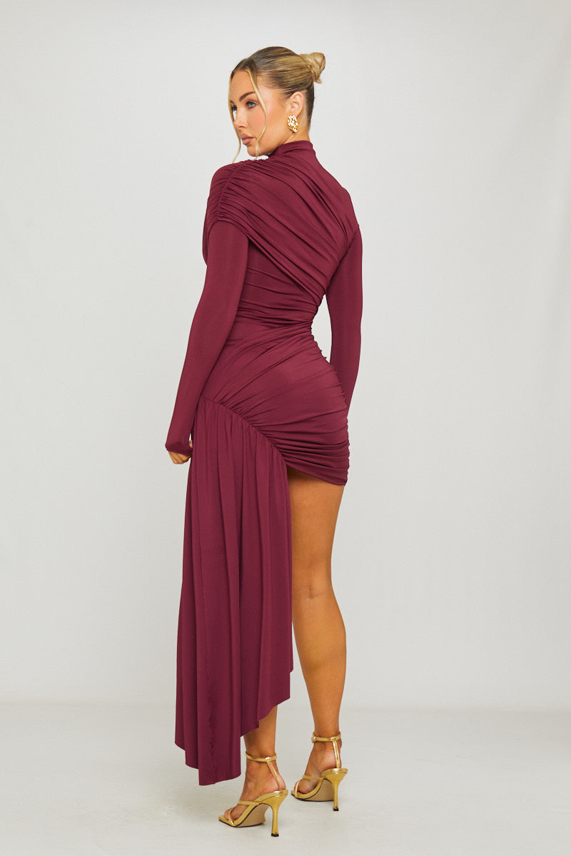 Valantomode | Elegant Wine Draped Mini Dress with High Neck & Long Sleeves