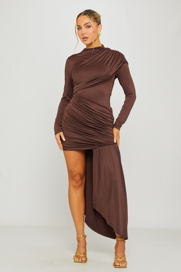 Valantomode | Chic Brown Draped Mini Dress with High Neck & Long Sleeves