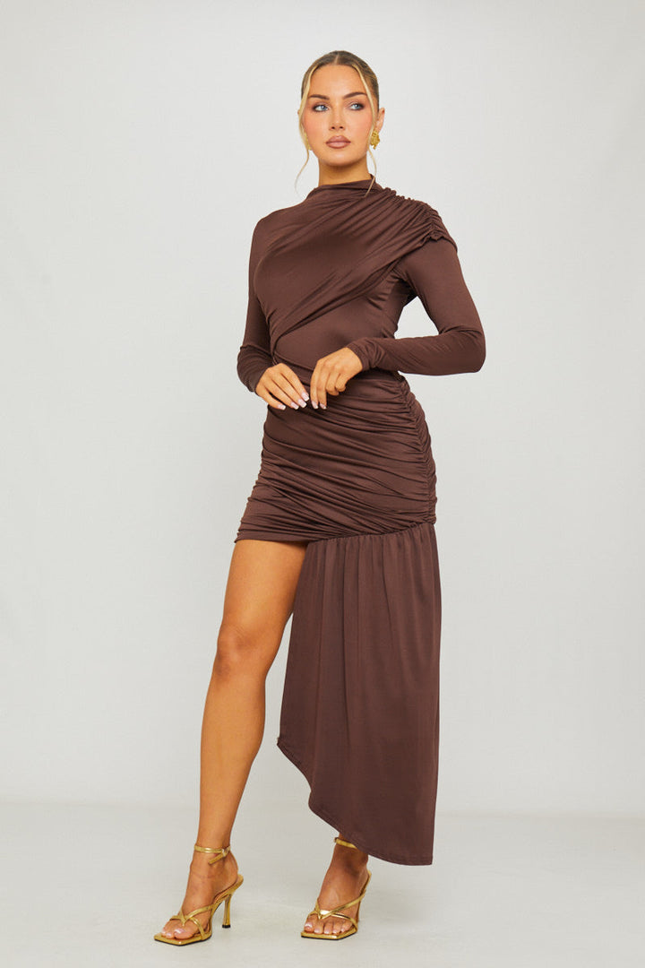 Valantomode | Chic Brown Draped Mini Dress with High Neck & Long Sleeves