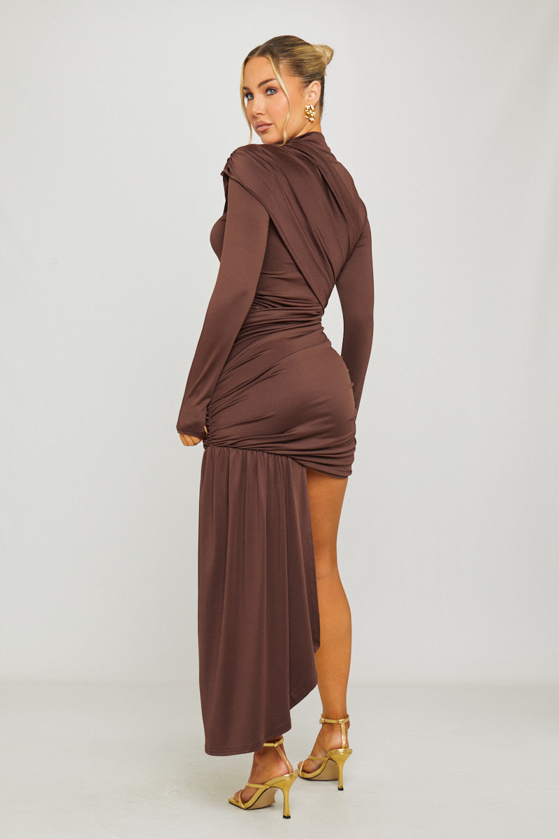 Valantomode | Chic Brown Draped Mini Dress with High Neck & Long Sleeves
