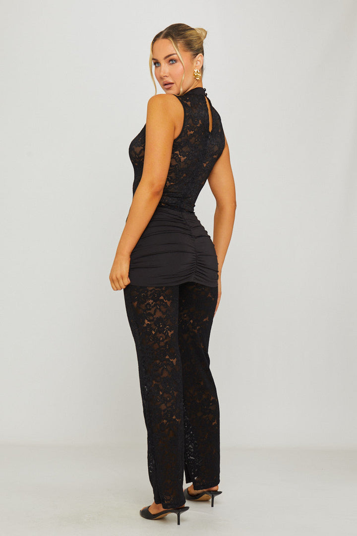 Valantomode | Sheer Black Lace Keyhole Sleeveless Jumpsuit for Elegance