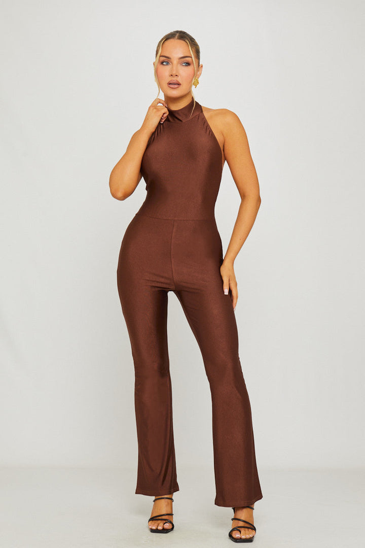 Valantomode | Chic Brown Sleeveless High Neck Open Back Jumpsuit