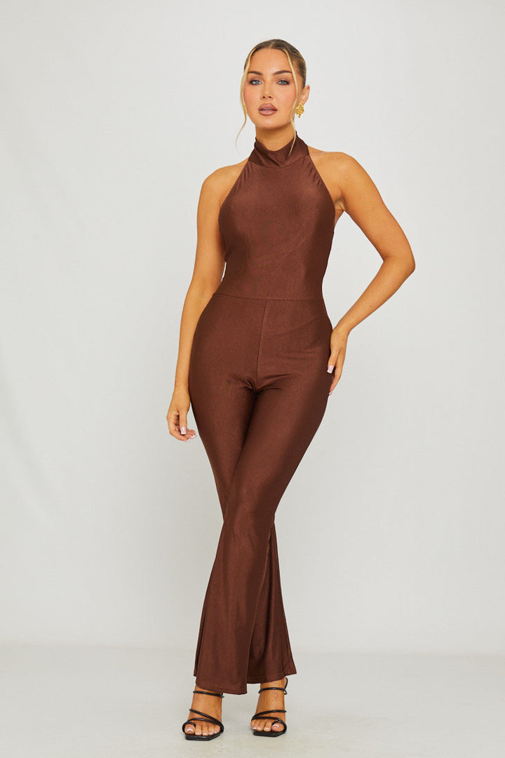 Valantomode | Chic Brown Sleeveless High Neck Open Back Jumpsuit