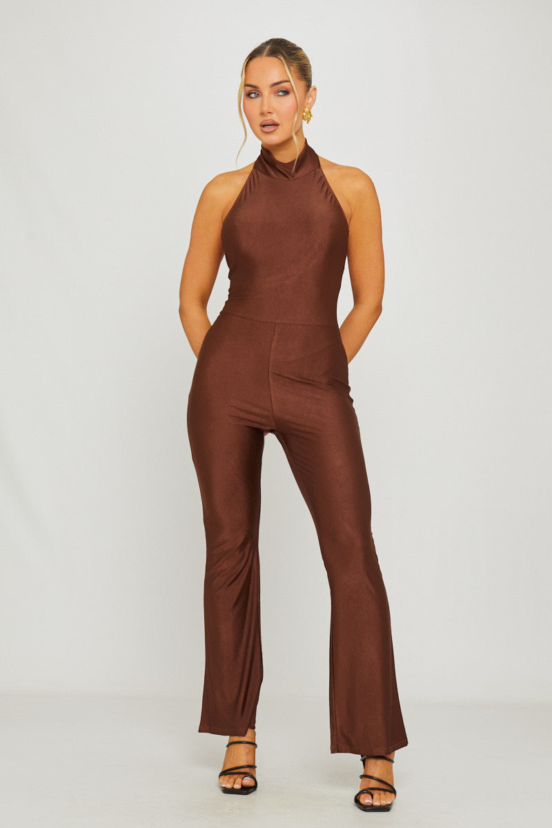 Valantomode | Chic Brown Sleeveless High Neck Open Back Jumpsuit
