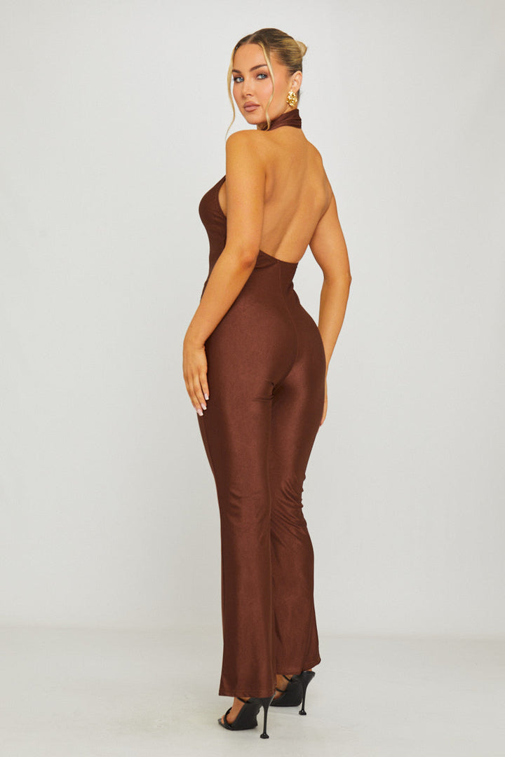 Valantomode | Chic Brown Sleeveless High Neck Open Back Jumpsuit