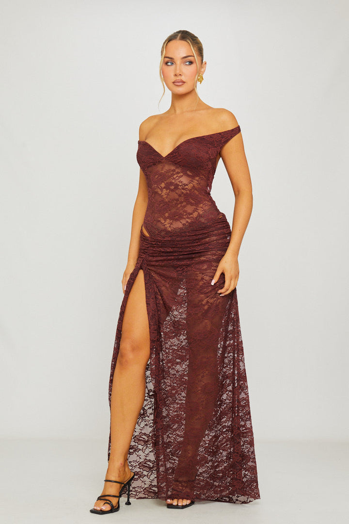 Valantomode | Chic Brown Lace Off-Shoulder Bodysuit & Maxi Skirt Set