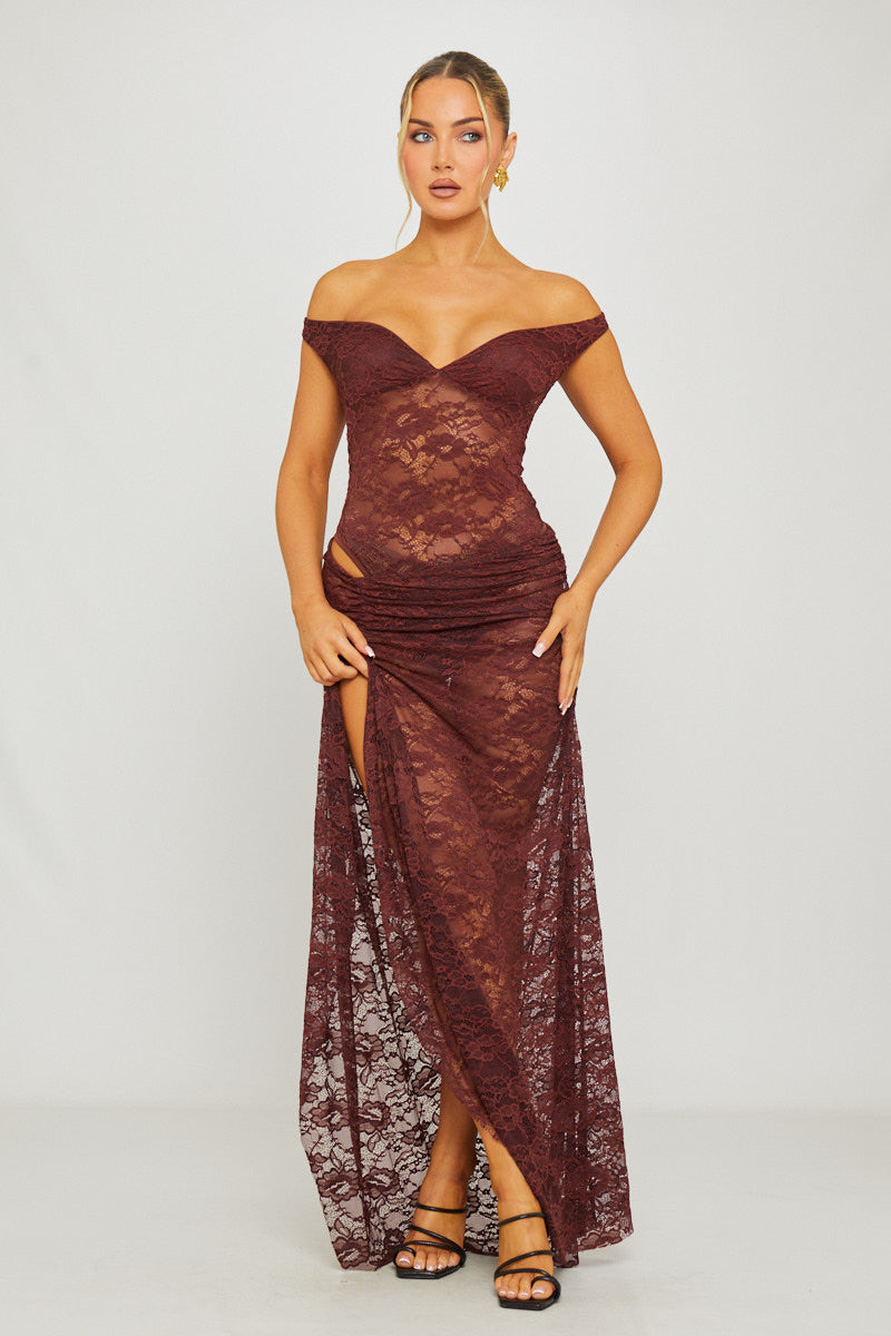 Valantomode | Chic Brown Lace Off-Shoulder Bodysuit & Maxi Skirt Set