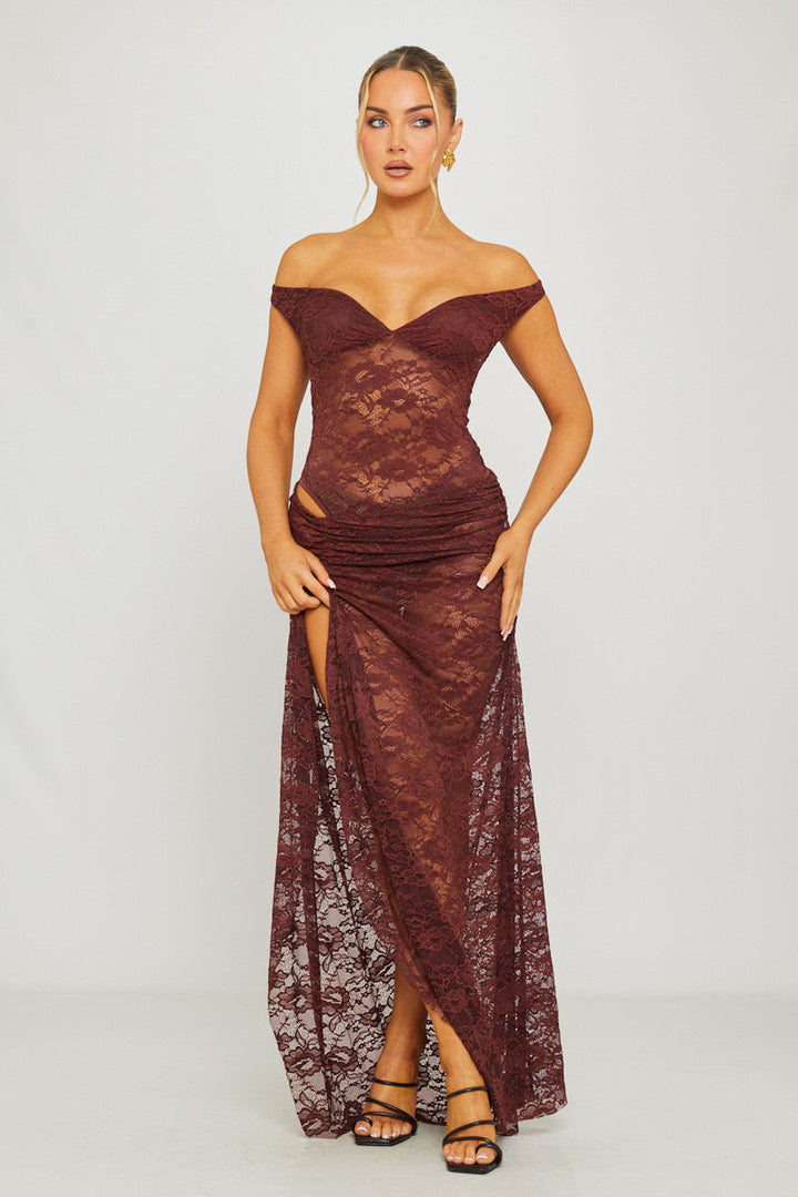 Valantomode | Chic Brown Lace Off-Shoulder Bodysuit & Maxi Skirt Set