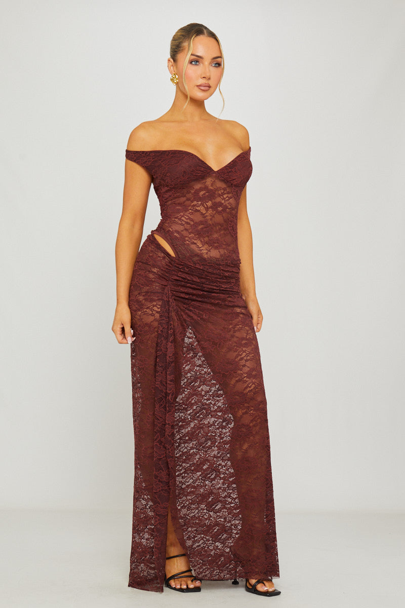 Valantomode | Chic Brown Lace Off-Shoulder Bodysuit & Maxi Skirt Set
