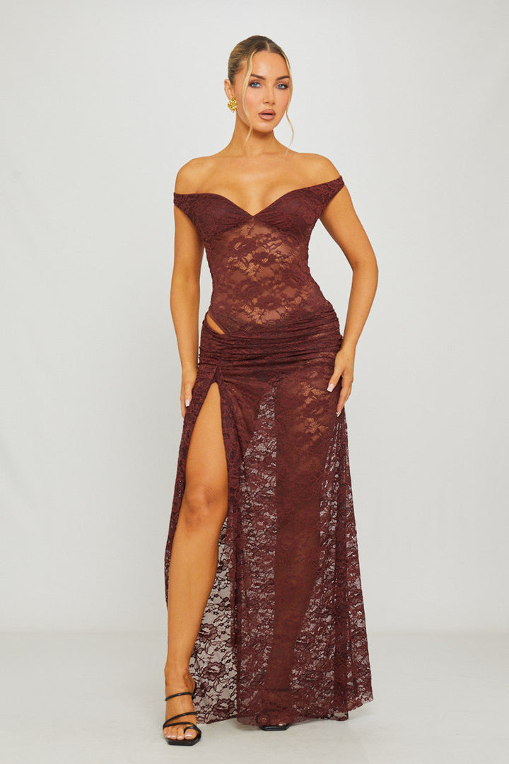 Valantomode | Chic Brown Lace Off-Shoulder Bodysuit & Maxi Skirt Set