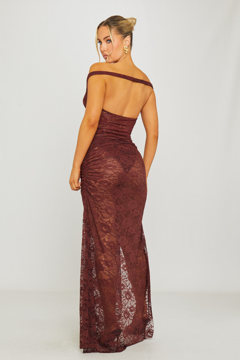 Valantomode | Chic Brown Lace Off-Shoulder Bodysuit & Maxi Skirt Set