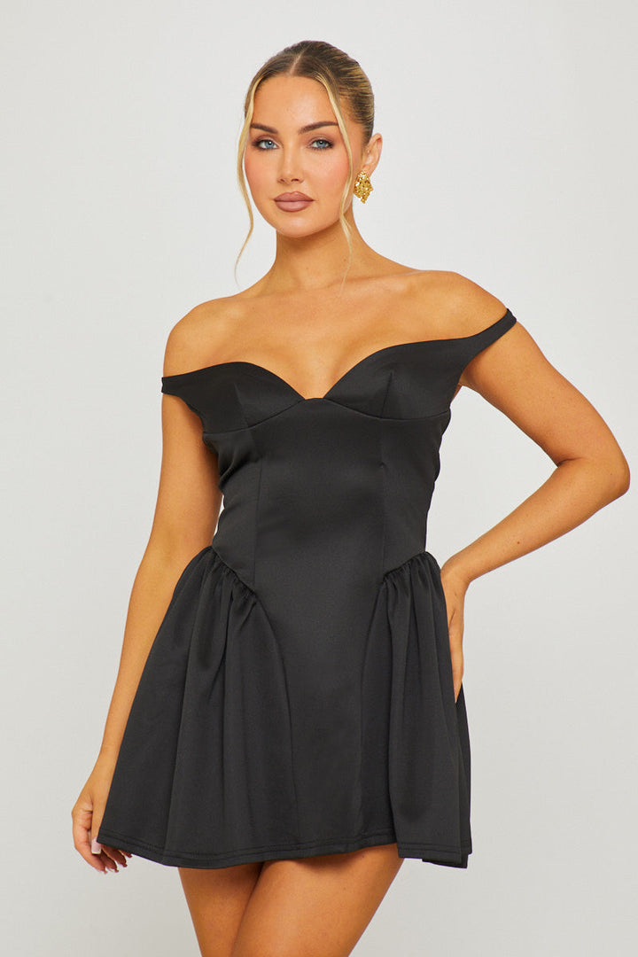 Valantomode | Chic Black Off-Shoulder Mini Dress with Drop Waist Design