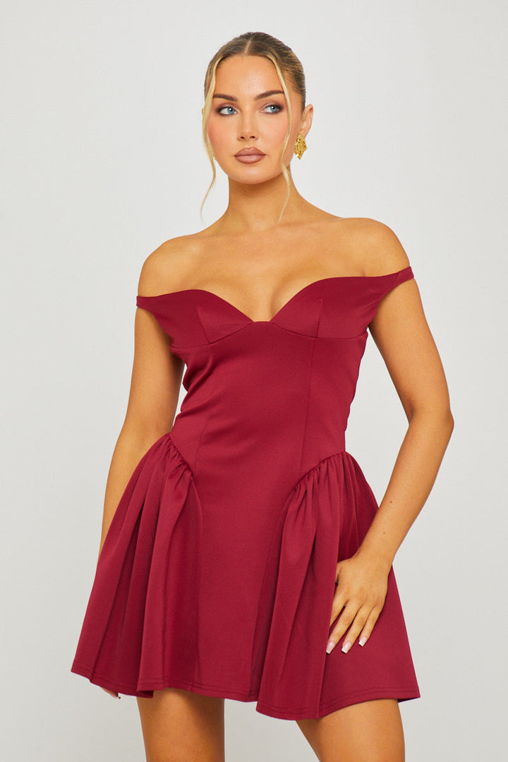 Valantomode | Chic Wine Off-Shoulder Mini Dress with Drop Waist Design