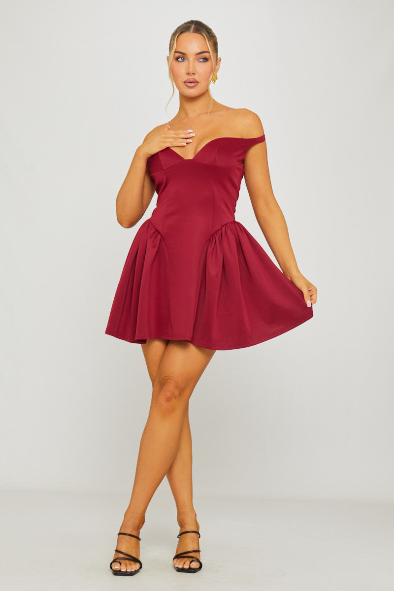 Valantomode | Chic Wine Off-Shoulder Mini Dress with Drop Waist Design