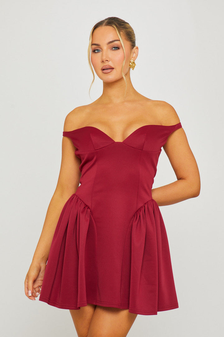 Valantomode | Chic Wine Off-Shoulder Mini Dress with Drop Waist Design