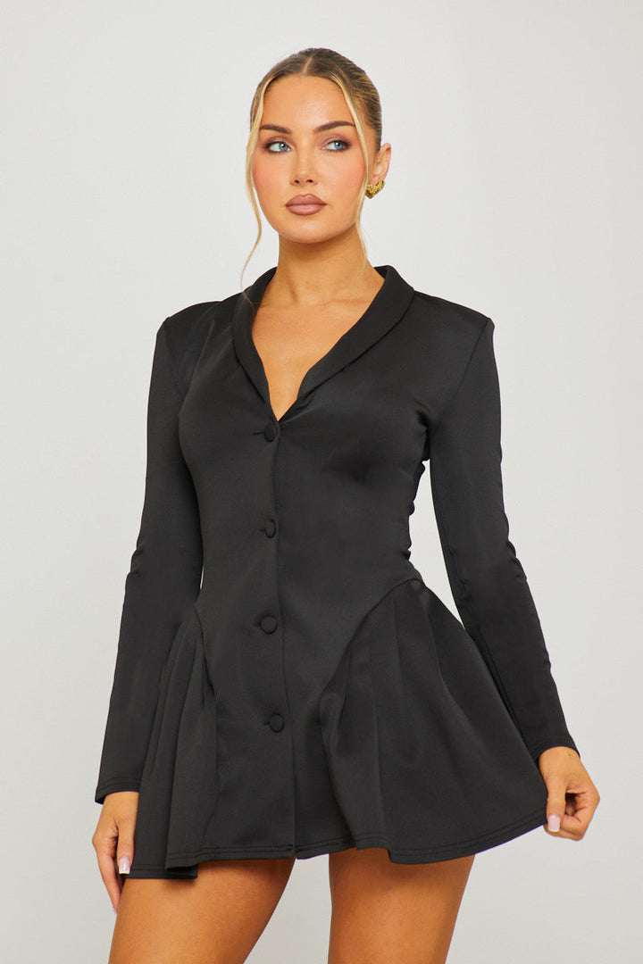 Valantomode | Chic Black Pleated Blazer Dress with Button Front