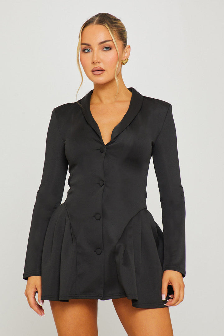 Valantomode | Chic Black Pleated Blazer Dress with Button Front