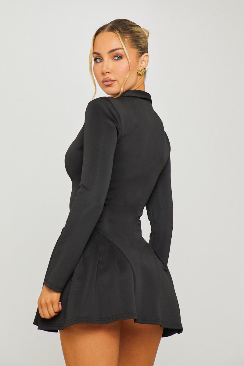 Valantomode | Chic Black Pleated Blazer Dress with Button Front