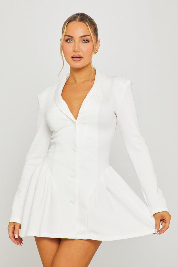 Valantomode | Chic White Pleated Blazer Dress with Button Front