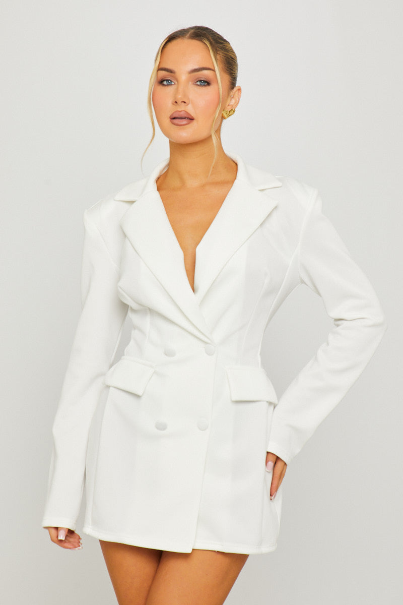 Valantomode | Chic White Double Breasted Blazer Dress for Effortless Style