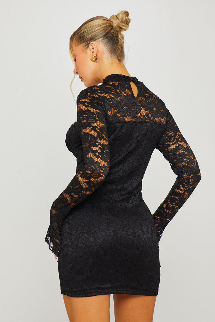 Valantomode | Elegant Black Lace High Neck Mini Dress with Long Sleeves
