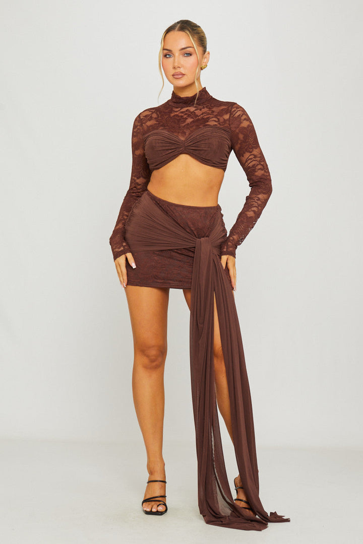 Valantomode | Chic Brown Lace Crop Top & Draped Mini Skirt Set