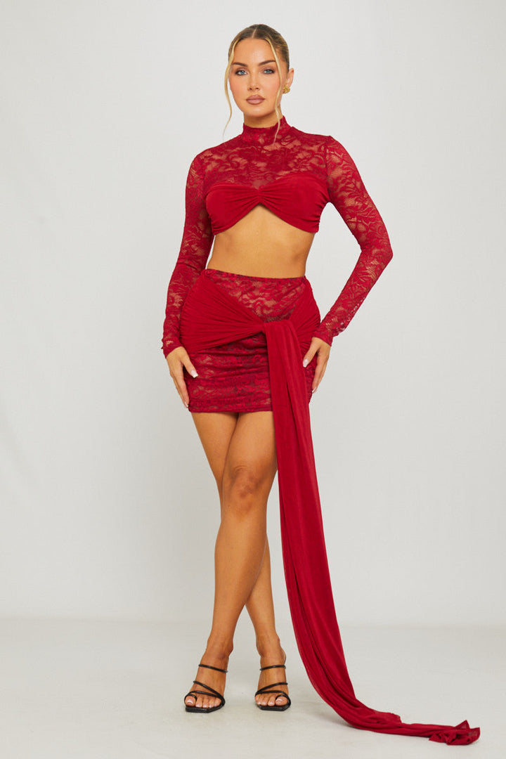 Valantomode | Wine Lace Crop Top & Draped Mini Skirt Set