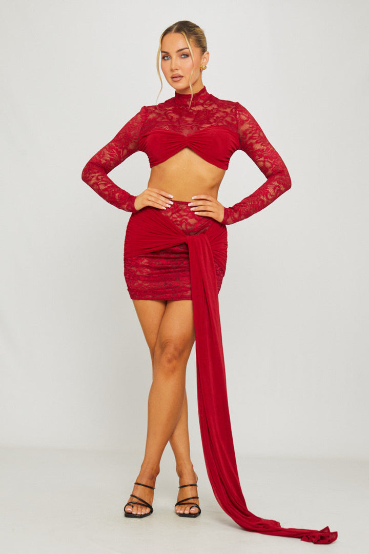 Valantomode | Wine Lace Crop Top & Draped Mini Skirt Set