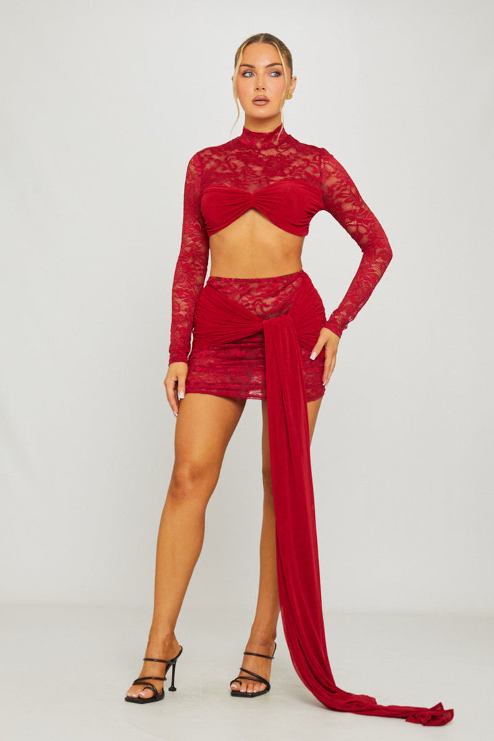 Valantomode | Wine Lace Crop Top & Draped Mini Skirt Set